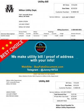 Massachusetts Milton Utility Dept water utility bill Sample Fake utility bill
